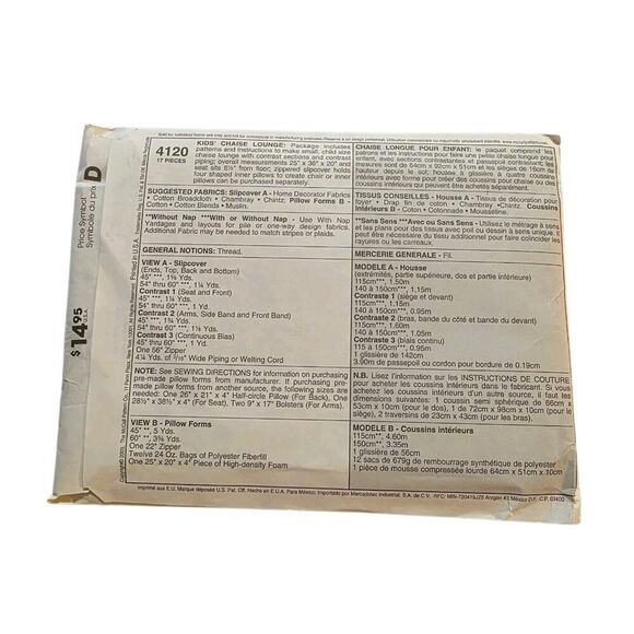 McCall's Home Decorating Kids' Chaise Lounge Chair Pattern 4120 One Size UNCUT - Picture 2 of 2